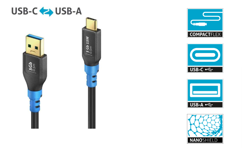 PureLink FI-U320-005 - USB 3.2 Gen1 USB-C / USB-A Kabel - 0,5m Kabellänge - Schwarz