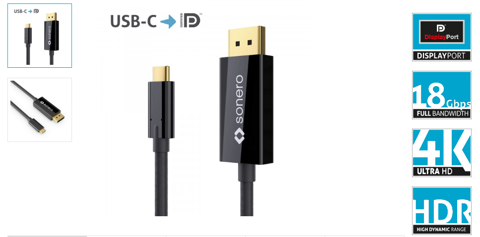 sonero USB-C auf DisplayPort Kabel - DP Mode - 4K60 - schwarz - 2,0m