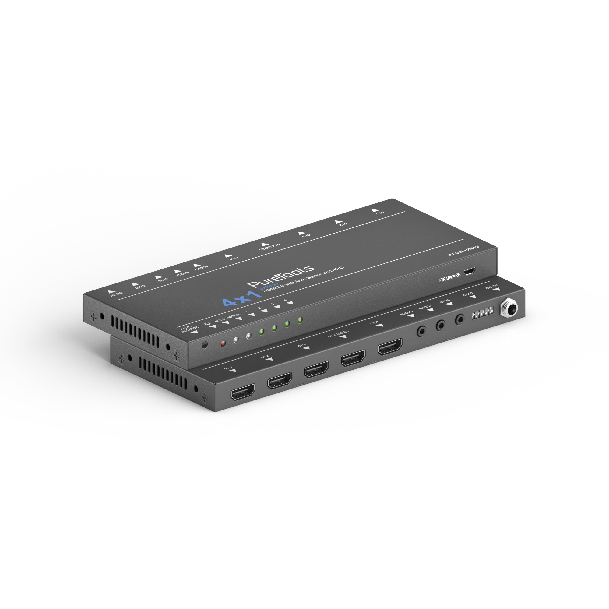 PureTools PT-SW-HD41E - 4x1 HDMI Switcher 4K (60Hz 4:4:4), Audio-De-Embedding, ARC, IR, TMDS Auto-Switching, RS232- und EDID-Management.