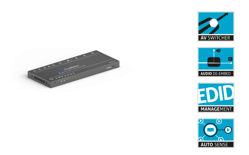 PureTools PT-SW-HD41E - 4x1 HDMI Switcher 4K (60Hz 4:4:4), Audio-De-Embedding, ARC, IR, TMDS Auto-Switching, RS232- und EDID-Management.