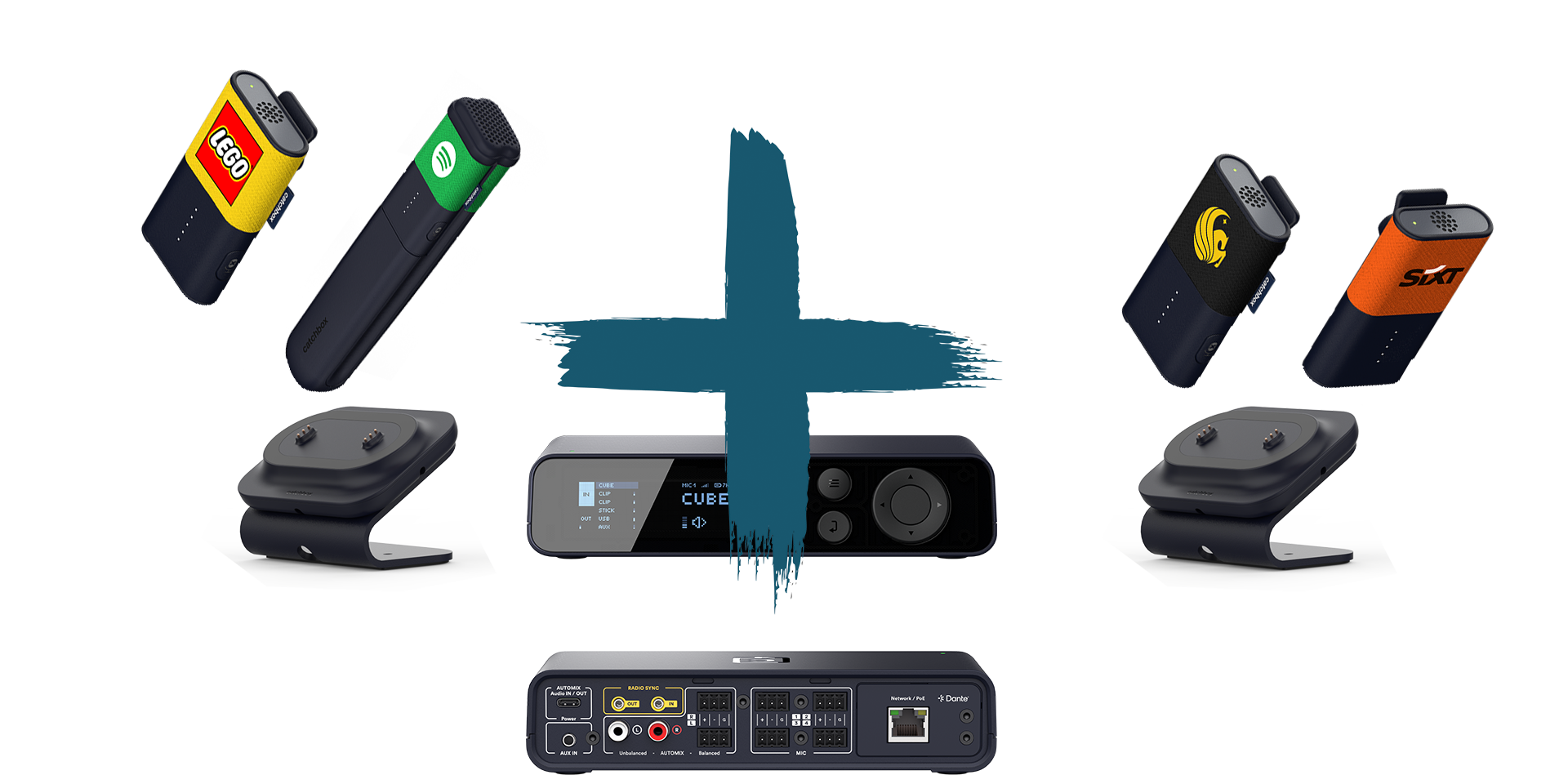 Catchbox Plus - System - 4 Channel - Networking + Dante - 3 x Clip (Ansteckmikro) - 1 x Stick (Handmikro) - 2 x drahtlose Dual-Ladestation für Clip und Stick - Customized - Version 2024