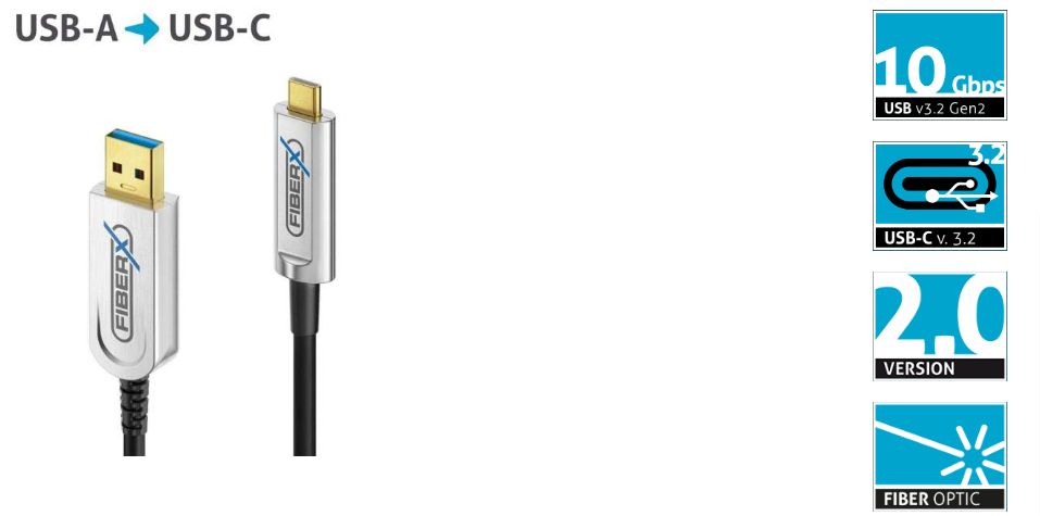 FiberX FX-I630-050 - USB 3.2 Gen 2 - USB-C / USB-A fibre optic AOC cable - 50.0m - Black