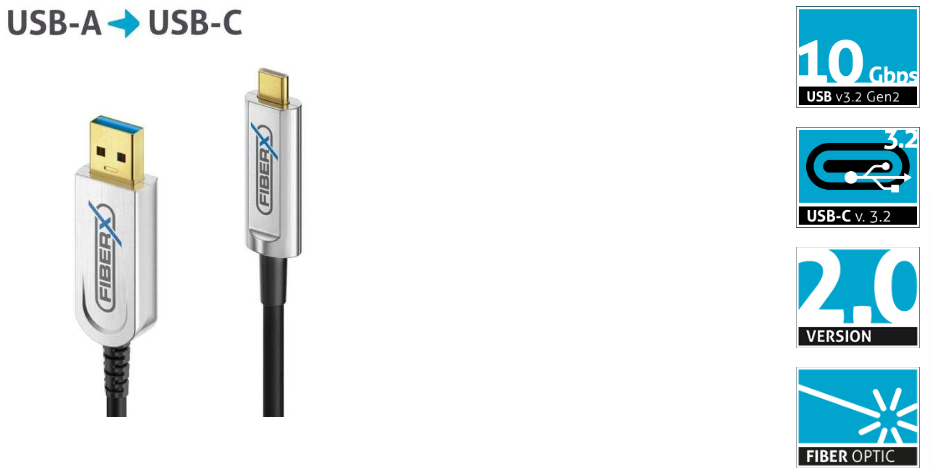 FiberX FX-I630-020 - USB 3.2 Gen 2 - USB-C / USB-A Glasfaser AOC Kabel - 20,0m - Schwarz
