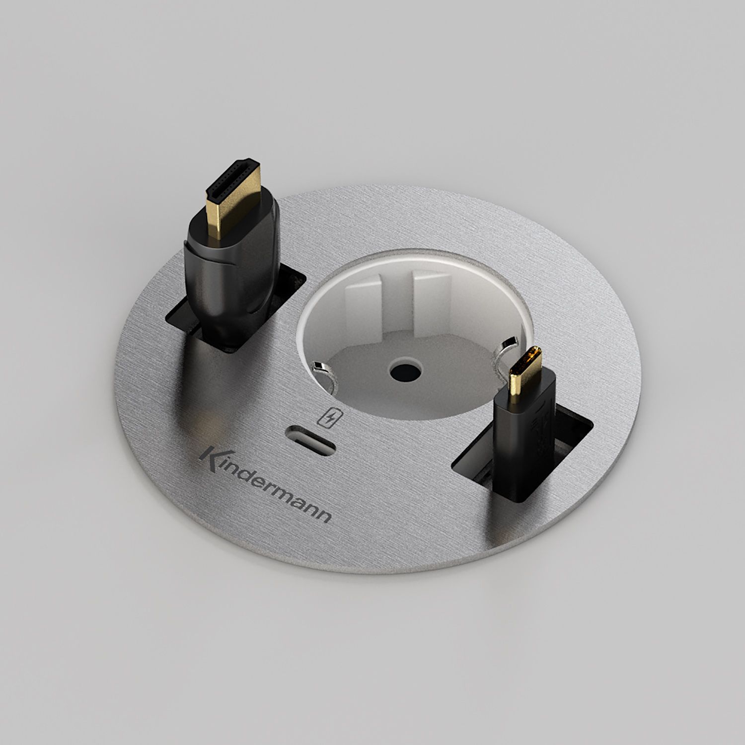 Kindermann CablePort table³ - 1x power - 1x USB-C - 2 free cable outlets - table connection panel - stainless steel