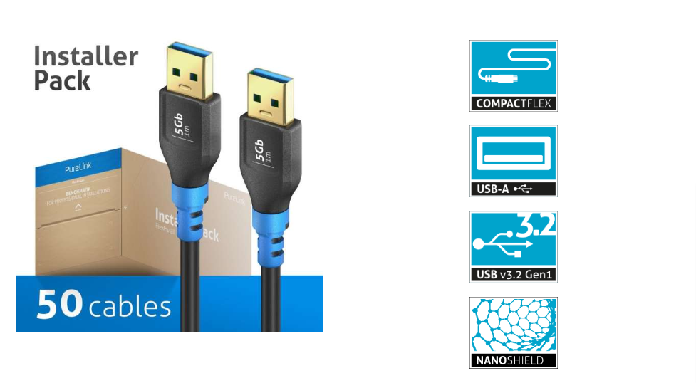 PureLink FI-U310-010-PCK - USB 3.2 Gen1 USB-A / USB-A cable - 1.0m cable length - Black - Installer Pack - 50 cables