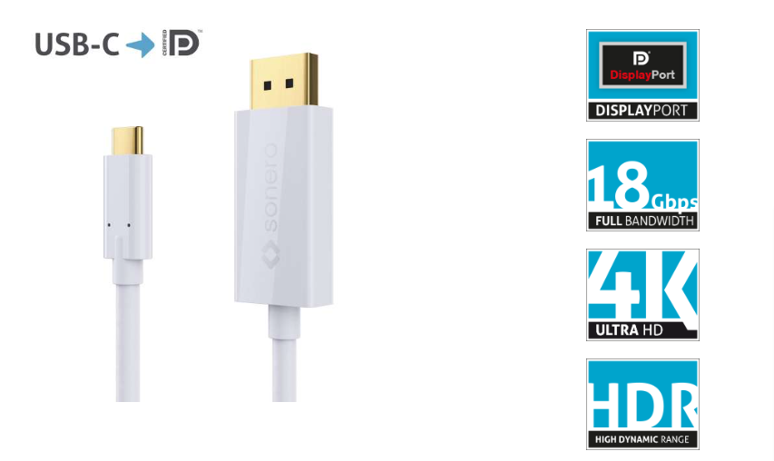 sonero X-UCC021-020 - USB-C auf DP Kabel - 4K - 18Gbps - Weiß - 2,0m