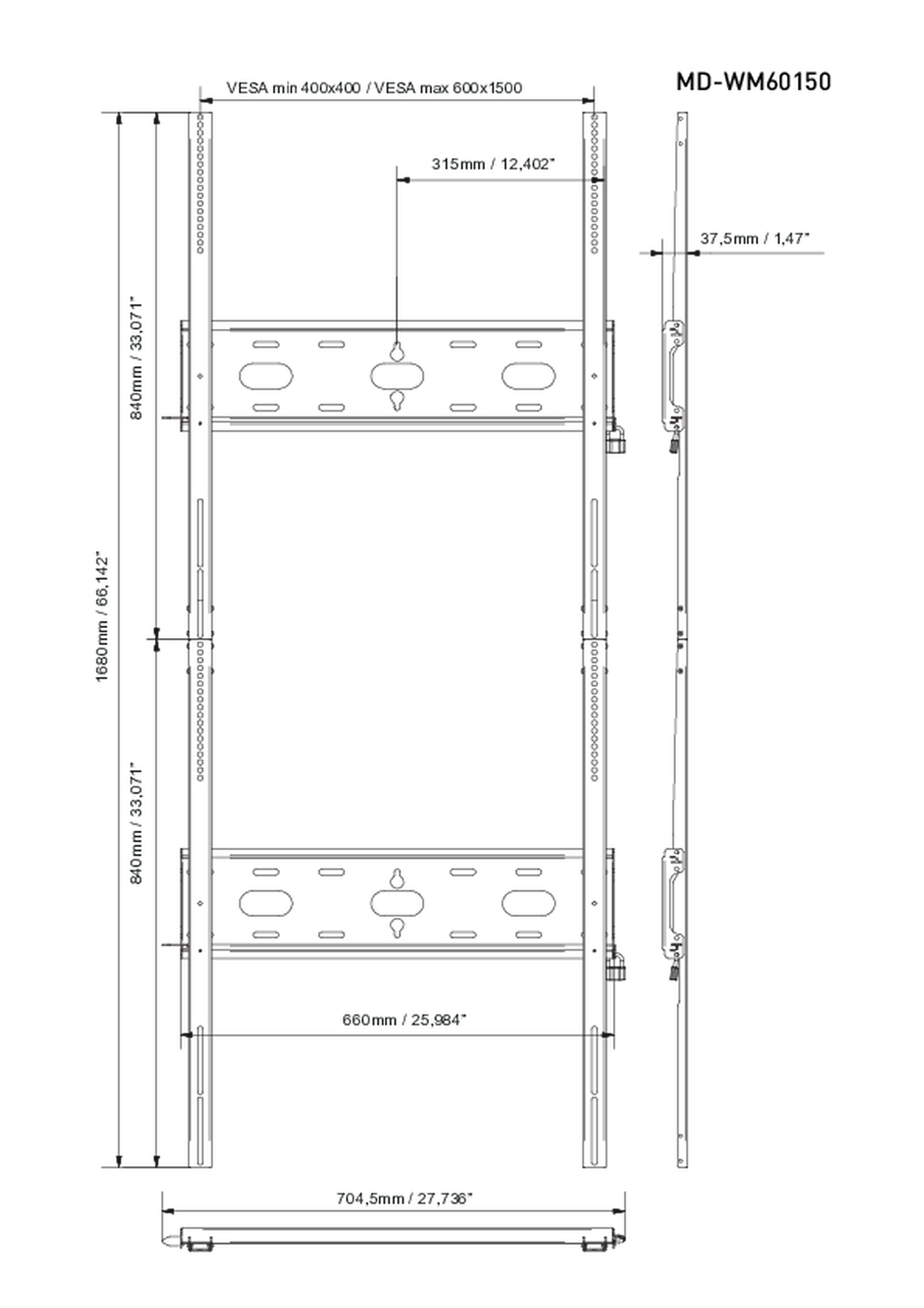 iiyama MD-WM60150 - fixe Wandhalterung für 105 Zoll Display - Hochformat - VESA 400x400 bis 600x1500 mm - bis 125kg - Schwarz