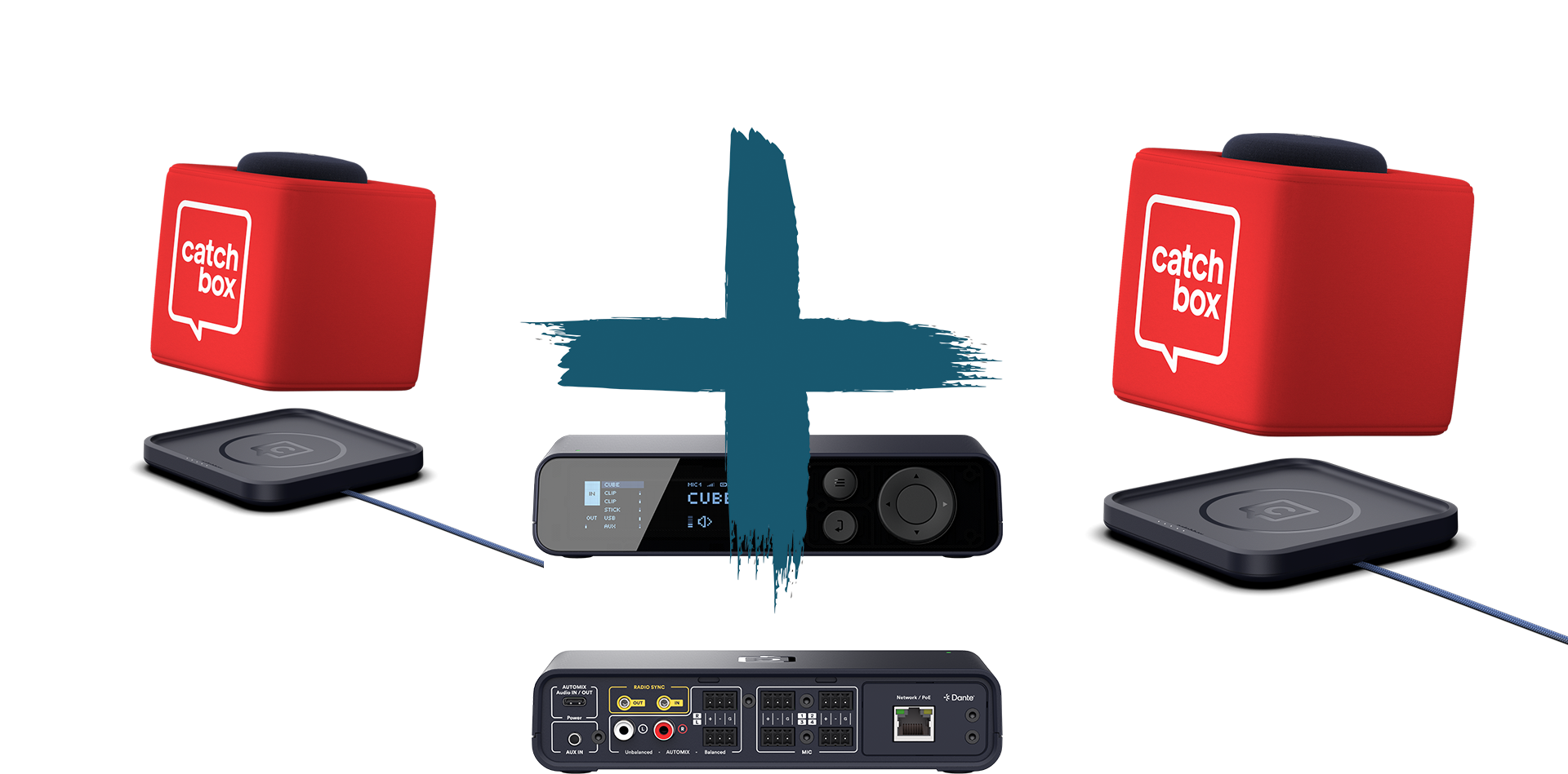 Catchbox Plus - System - 4 Channel - Networking + Dante - 2 x Cube (Wurfmikro) - 2 x drahtlose Ladestation Cube - Standardfarbe - Version 2024