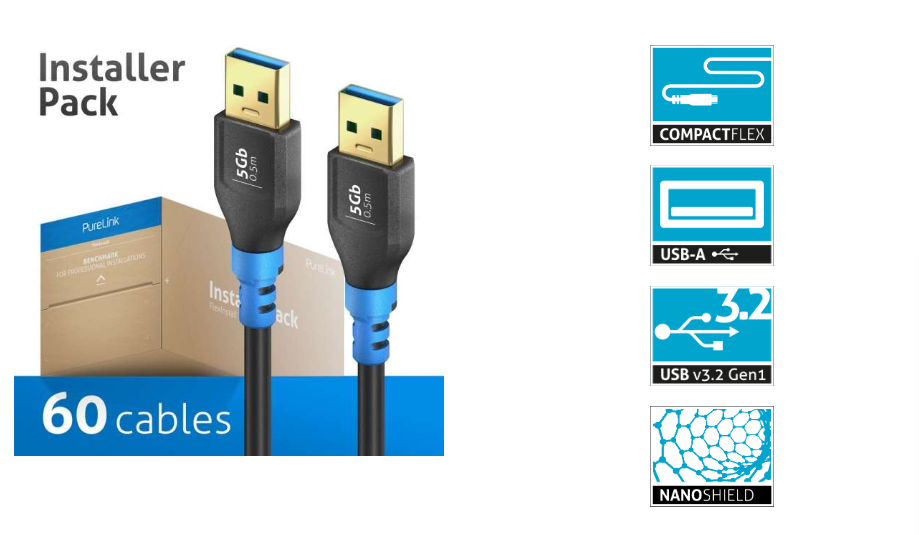 PureLink FI-U310-005-PCK - USB 3.2 Gen1 USB-A / USB-A cable - 0.5m cable length - Black - Installer Pack - 60 cables