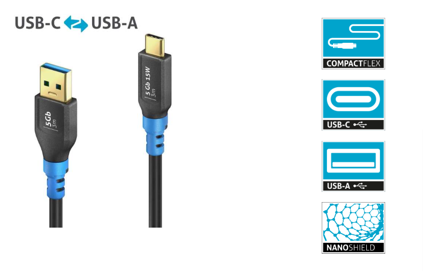 PureLink FI-U320-030 - USB 3.2 Gen1 USB-C / USB-A Kabel - 3,0m Kabellänge - Schwarz