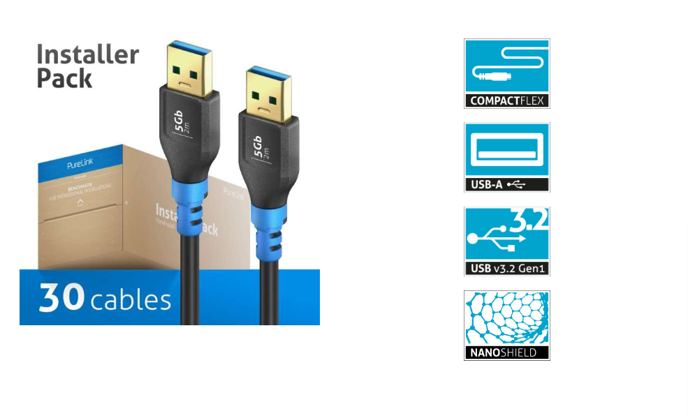 PureLink FI-U310-020-PCK - USB 3.2 Gen1 USB-A / USB-A cable - 2.0m cable length - Black - Installer Pack - 30 cables