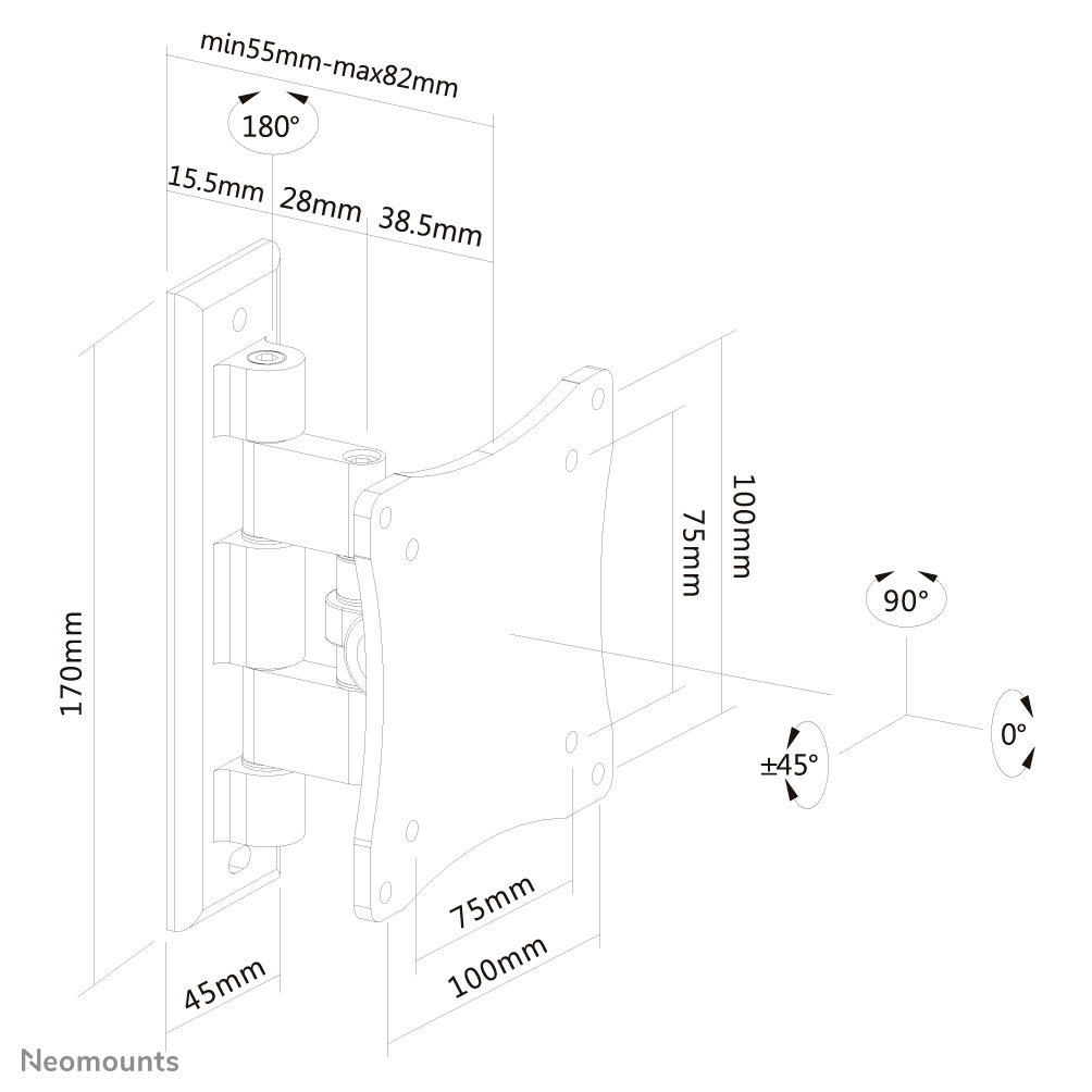 Neomounts FPMA-W810BLACK - neig- und schwenkbare Wandhalterung - 10-27 Zoll - VESA 100x100mm - bis 12 kg - Schwarz