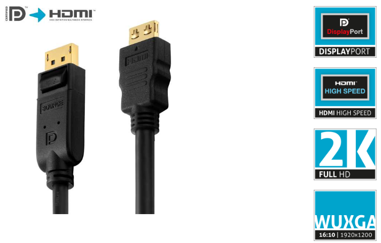 PureLink PI5100-075 - Zertifiziertes Aktives 2K DisplayPort / HDMI Kabel - 7,5m - Schwarz