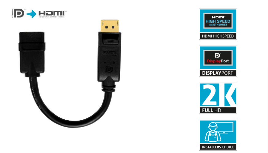 PureLink PI155 - Aktiver 2K DisplayPort / HDMI Portsaver Adapter - 10cm Länge - Schwarz