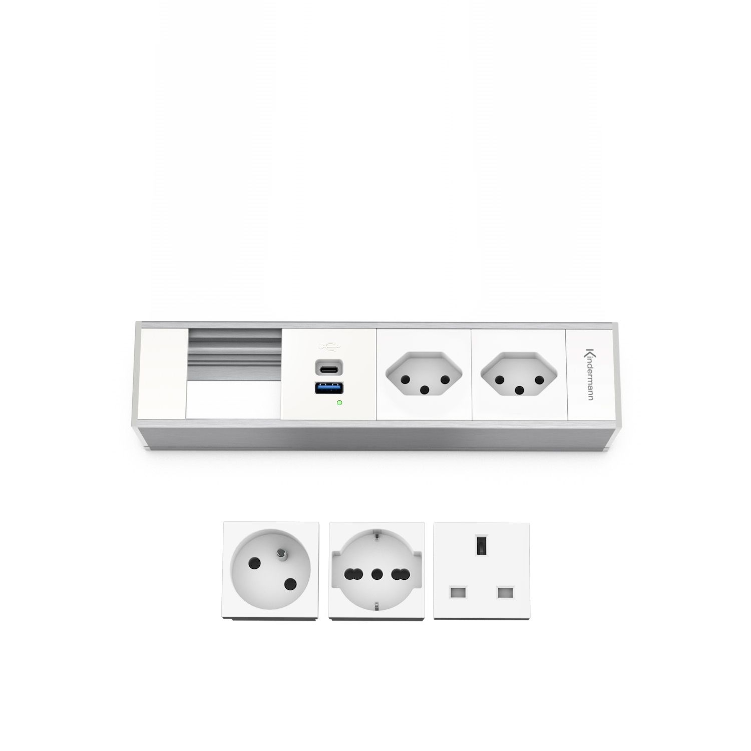 Kindermann Modulträger 4-fach 2xStrom INT - 1x USB-A / 1x USB-C - Tischanschlussfeld - Aluminium natur - eloxiert