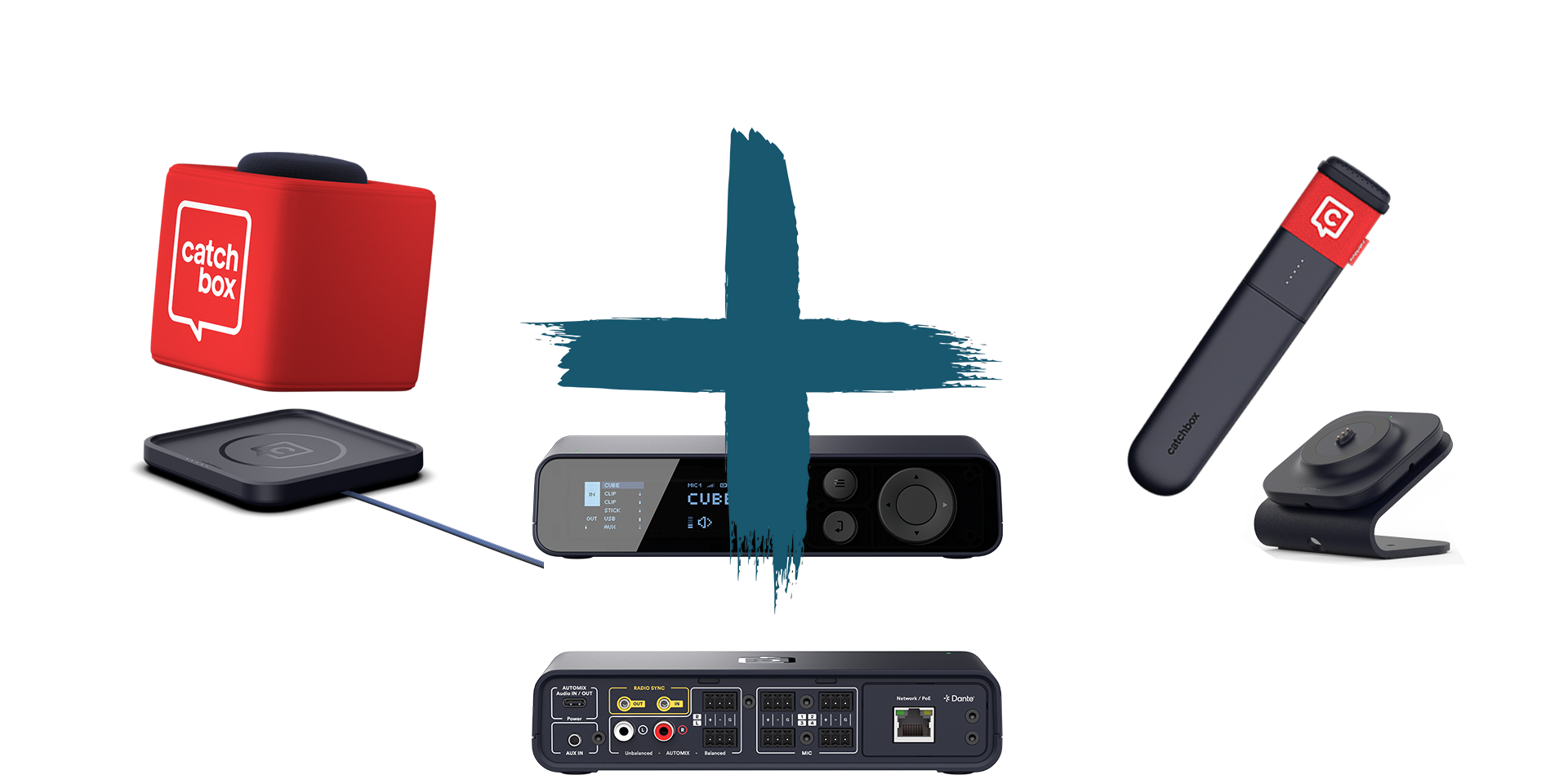 Catchbox Plus - System - 4 Channel - Networking + Dante - 1 x Cube (Wurfkmikro) - 1 x Stick (Handmikro) - 1 x drahtlose Ladestation Cube - 1 x drahtlose Ladestation Stick - Standarfarbe - Version 2024