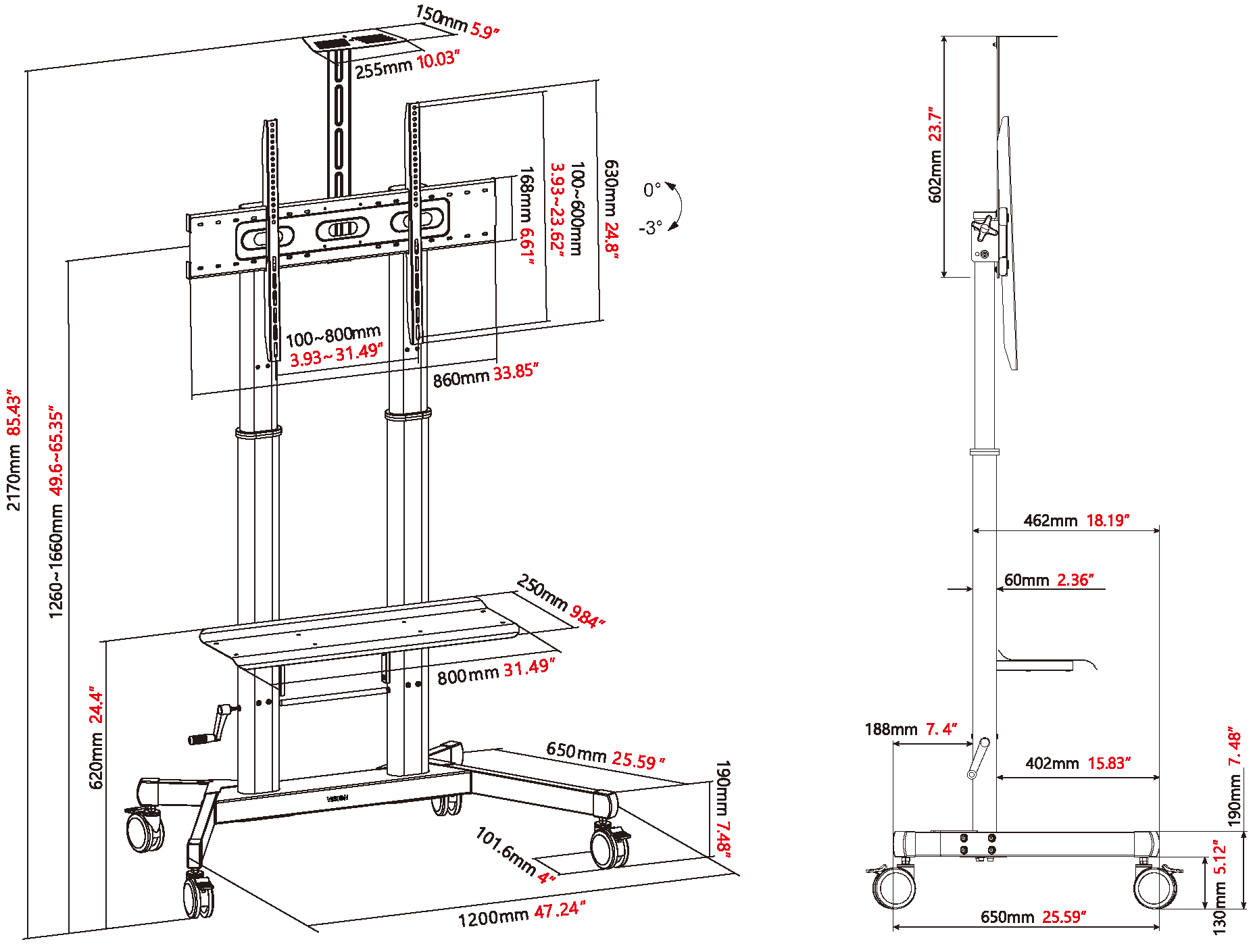 Vision VFM-F26 - höhenverstellbarer Rollwagen - 55-100 Zoll - VESA 800x600mm - bis 80kg - Schwarz