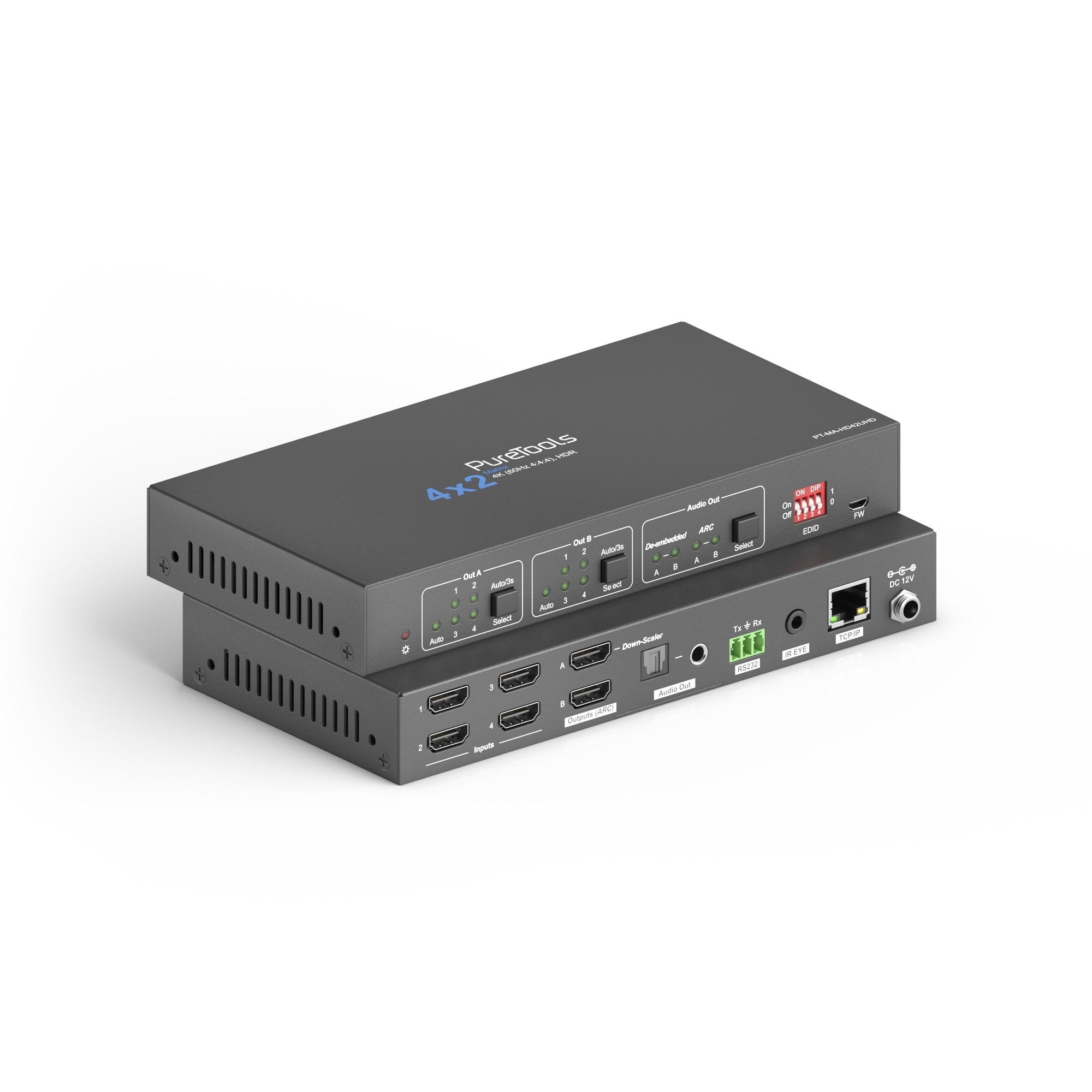 PureTools PT-MA-HD42UHD - 4x2 HDMI Matrix, 4K - 18Gbps - HDR10 - Digital und Analog Audio, ARC und RS232