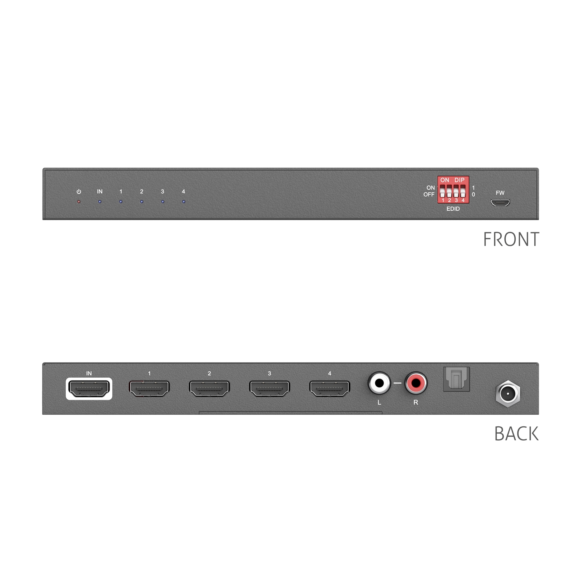 PureTools PT-SP-HD14DA - HDMI Splitter 1x4, 4K (60Hz 4:4:4) mit Down-Scaling, Audio und EDID Management