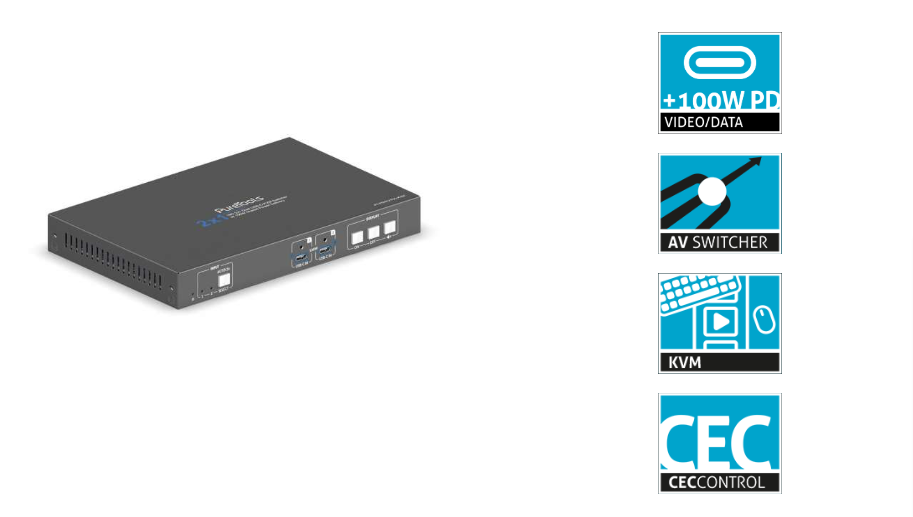 PureTools PT-PSW-21CC-KVM - 2 x USB-C - KVM 2x1 Dual Switcher mit 100W PD