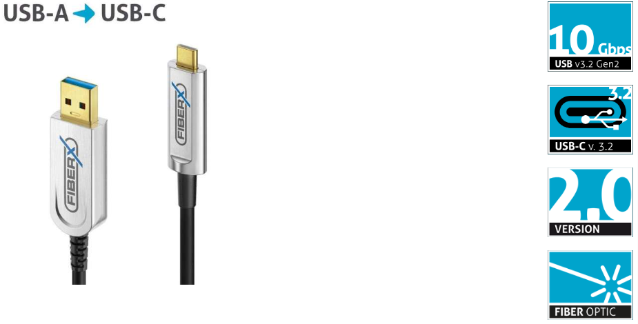 FiberX FX-I630-015 - USB 3.2 Gen 2 - USB-C / USB-A Glasfaser AOC Kabel - 15,0m - Schwarz