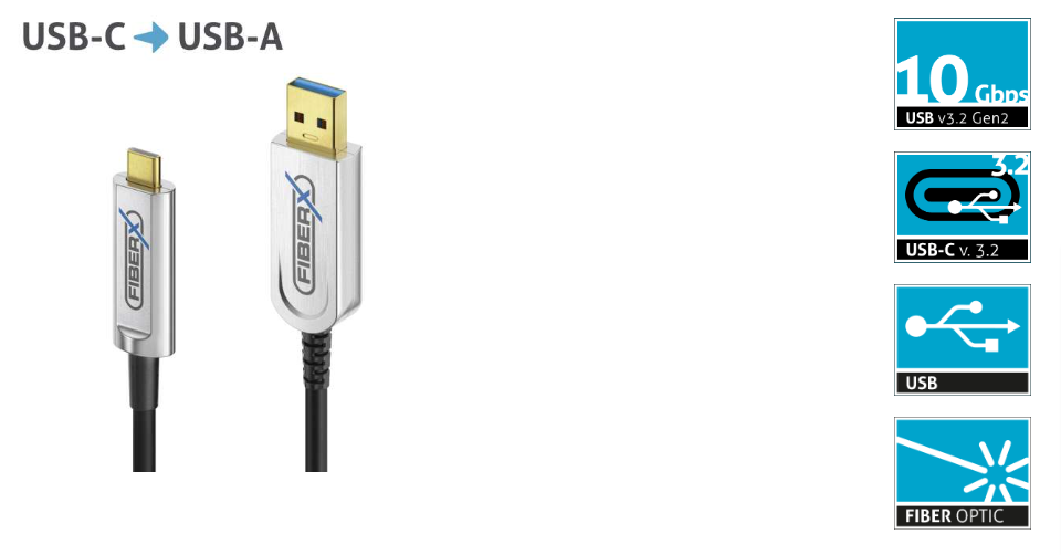 FiberX FX-I530-030 - USB 3.2 Gen 1 - USB-C / USB-A fibre optic AOC cable - 30.0m - Black