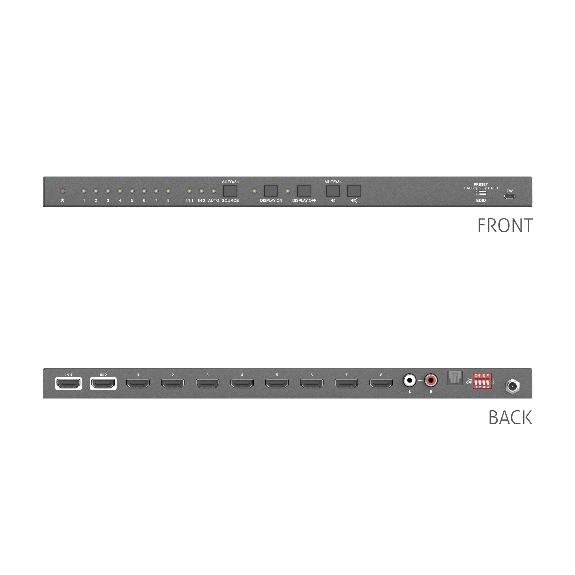PureTools PT-SP-HD28DA - HDMI Splitter 2x8, 4K (60Hz 4:4:4) mit Down-Scaling, Audio und EDID Management