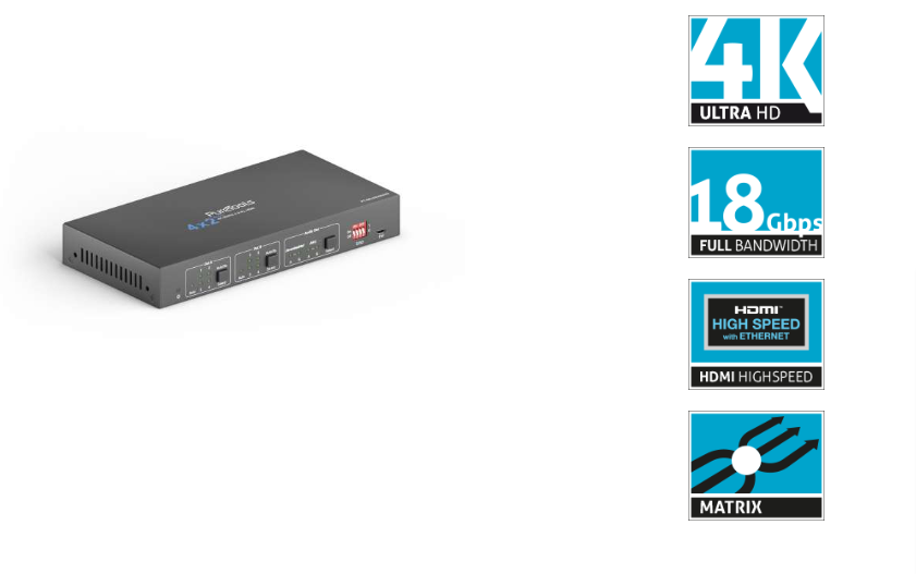 PureTools PT-MA-HD42UHD - 4x2 HDMI Matrix, 4K - 18Gbps - HDR10 - Digital und Analog Audio, ARC und RS232