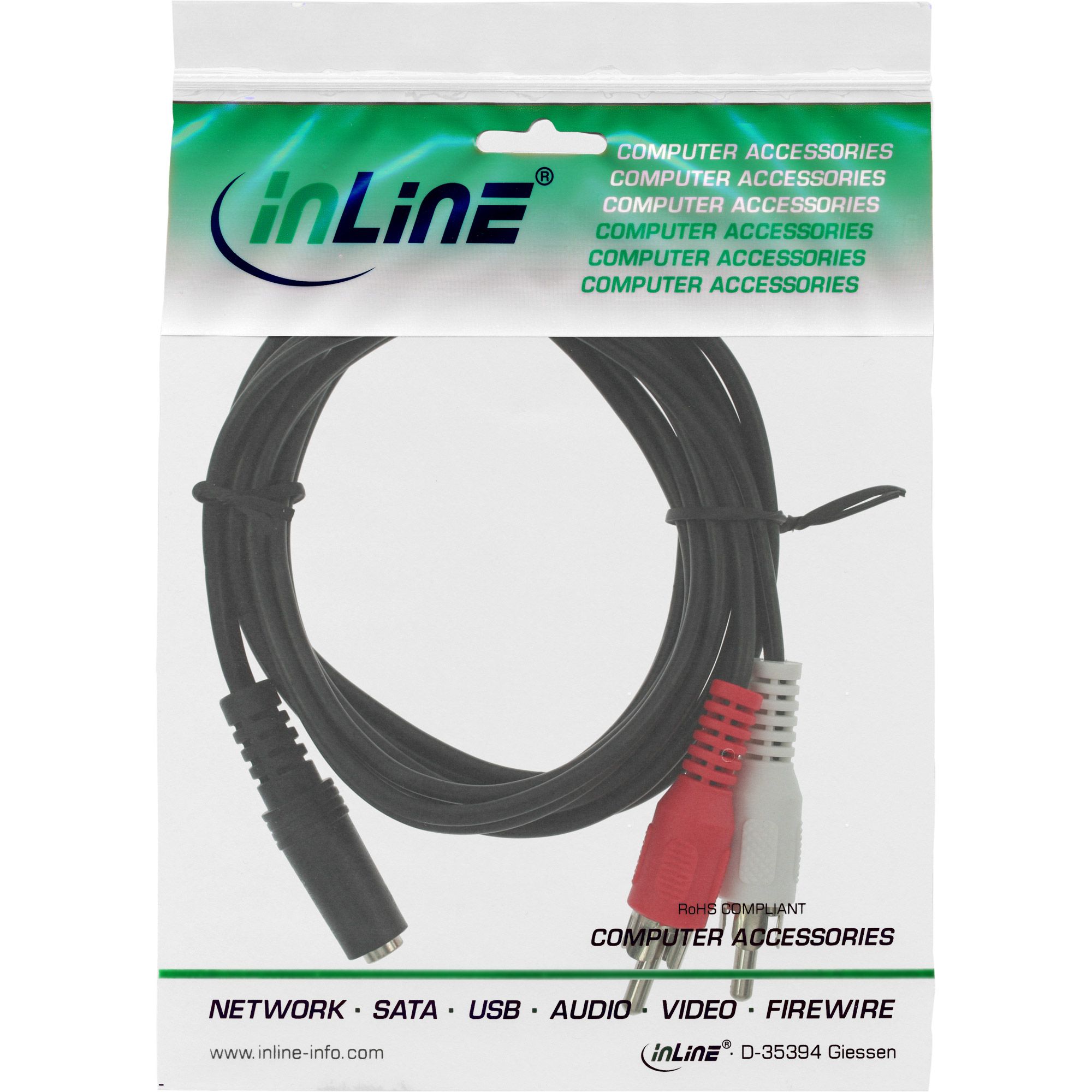 InLine® Cinch/Klinke Kabel 89940 - 2x Cinch Stecker an 3,5mm Klinke Buchse - 1,5m - Schwarz