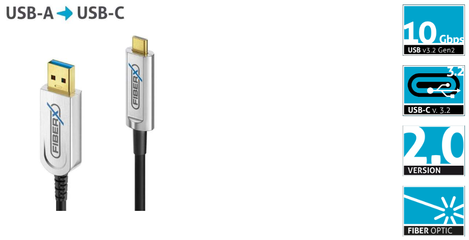 FiberX FX-I630-040 - USB 3.2 Gen 2 - USB-C / USB-A Glasfaser AOC Kabel - 40,0m - Schwarz