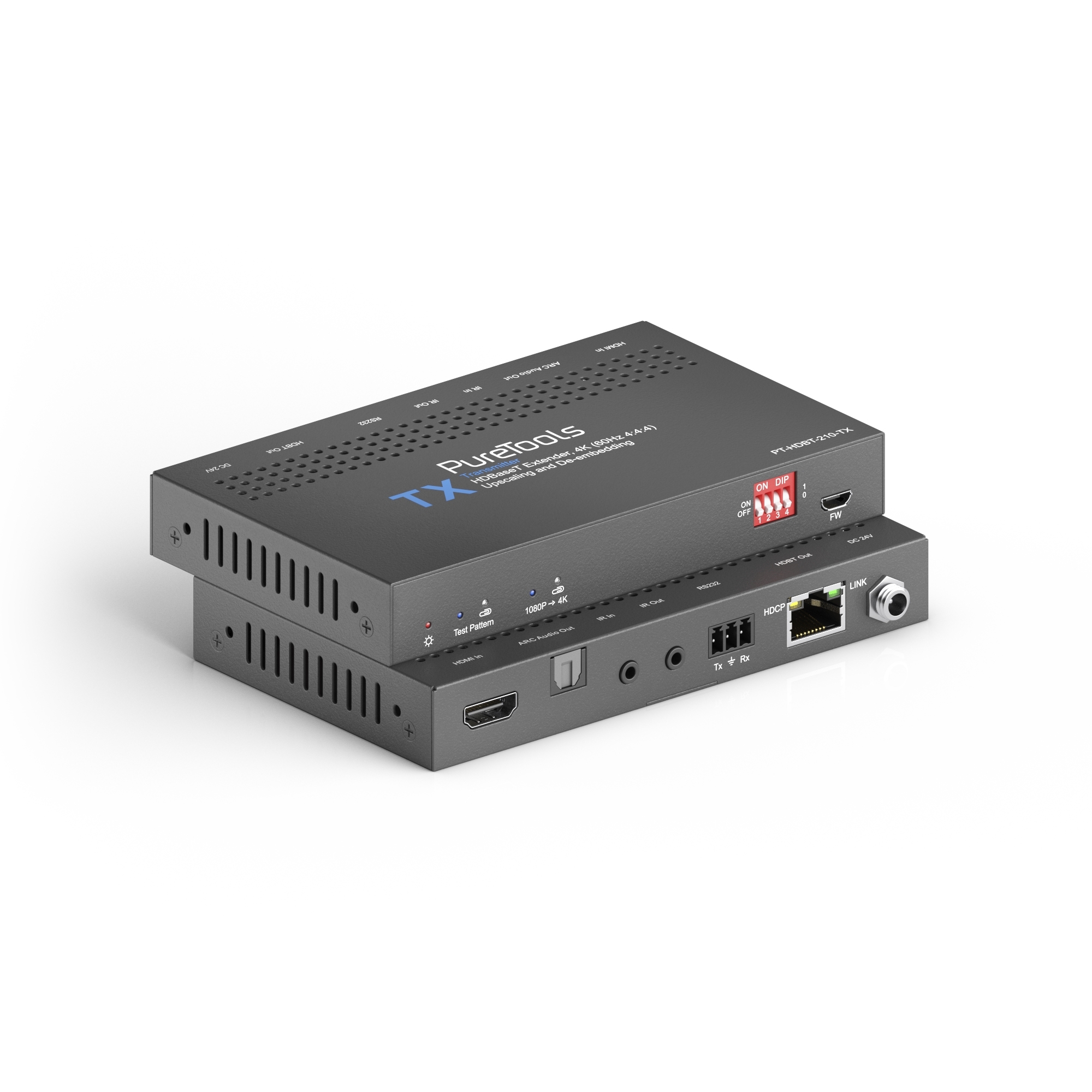 PureTools - HDBaseT Extender Set, 18G HDR. 40m@4K, 70m@1080p. 1080p bis 4K Upscaling. Unterstützt ARC und externe Audioübertragung von RX nach TX.