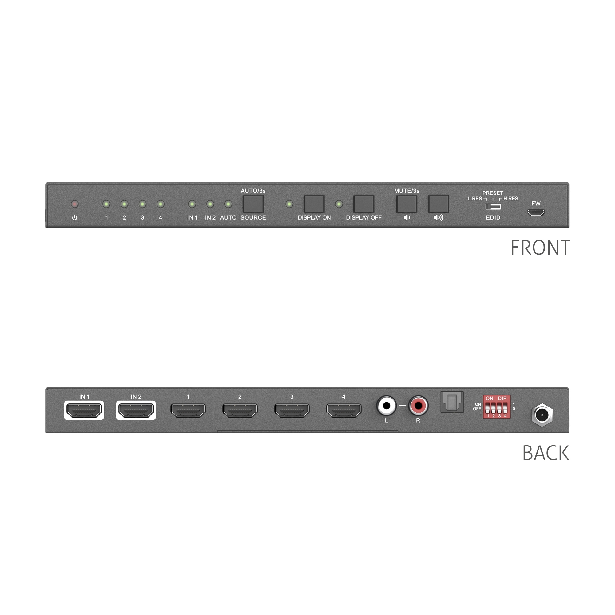 PureTools PT-SP-HD24DA - HDMI Splitter 2x4, 4K (60Hz 4:4:4) mit Down-Scaling, Audio und EDID Management