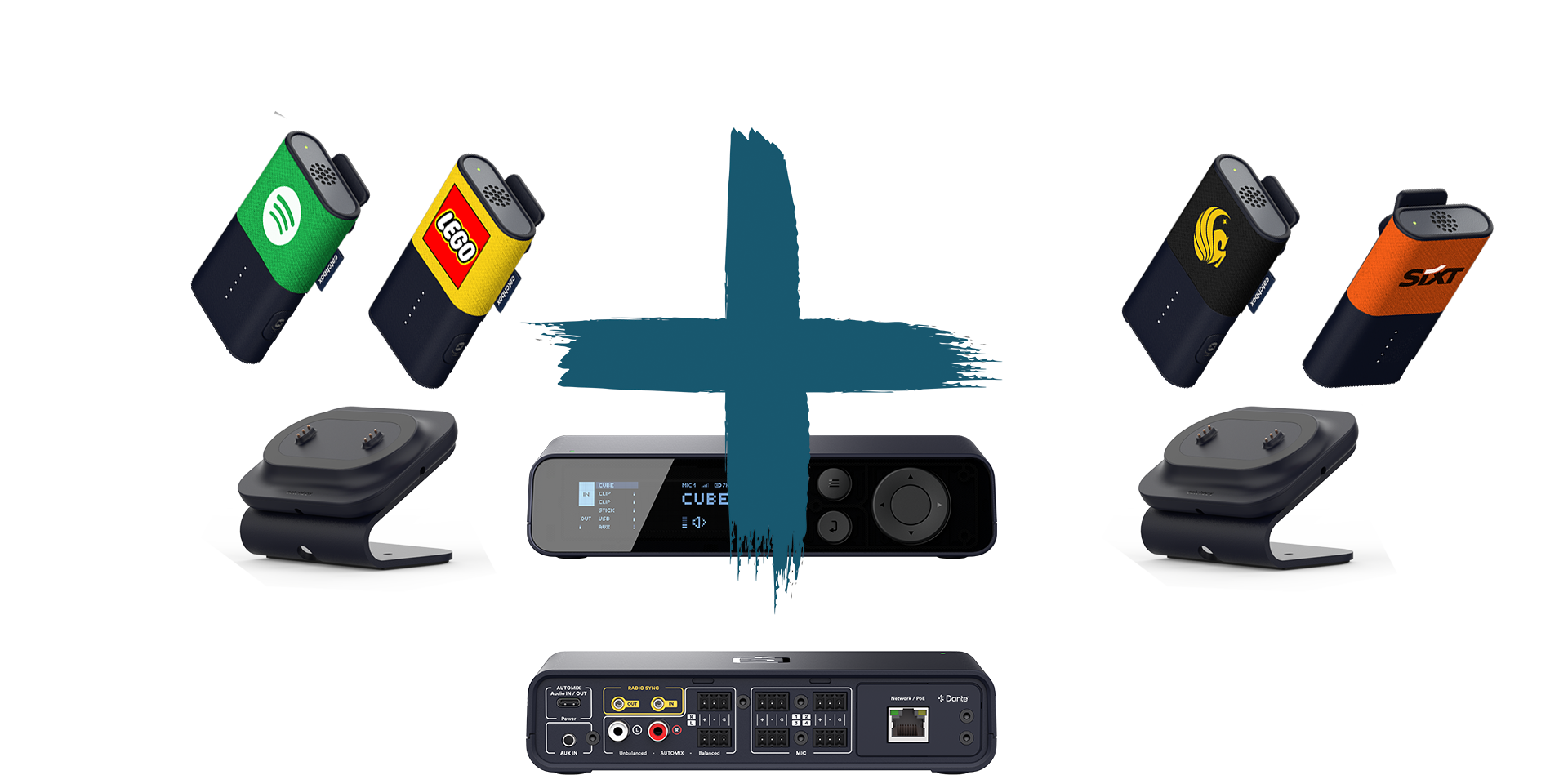 Catchbox Plus - System - 4 Channel - Networking + Dante - 4 x Clip (Ansteckmikro) - 2 x drahtlose Dual-Ladestation Clip - Customized - Version 2024