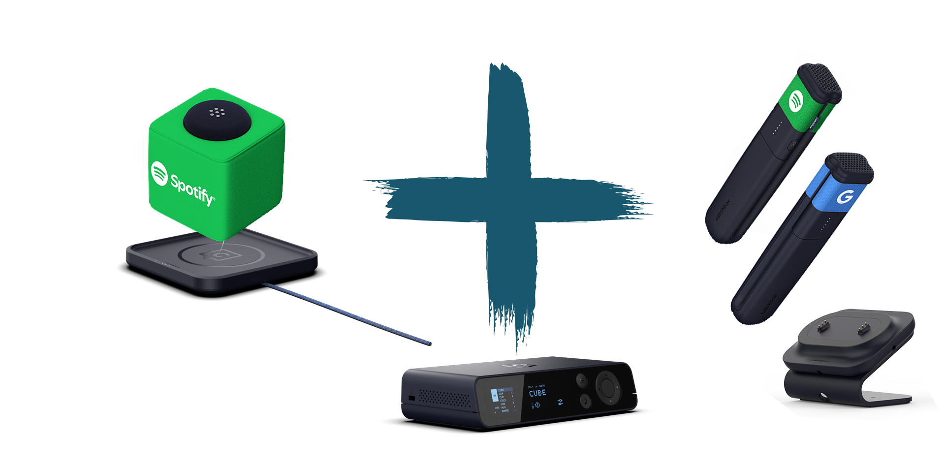 Catchbox Plus - System - 4 Channel - 1 x Cube (Wurfmikro) - 2 x Stick (Handmikro) - 1 x drahtlose Dual-Ladestation für Stick - 1 x drahtlose Ladestation Cube - Customized - Version 2024