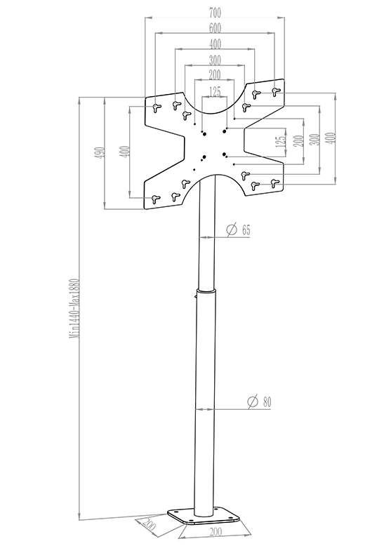 Hagor Braclabs-Stand Floormount - höhenverstellbarer Standfuß - für Displays von 32-55 Zoll - VESA 600x400mm - bis 35kg - Landscape/Portrait - Schwarz