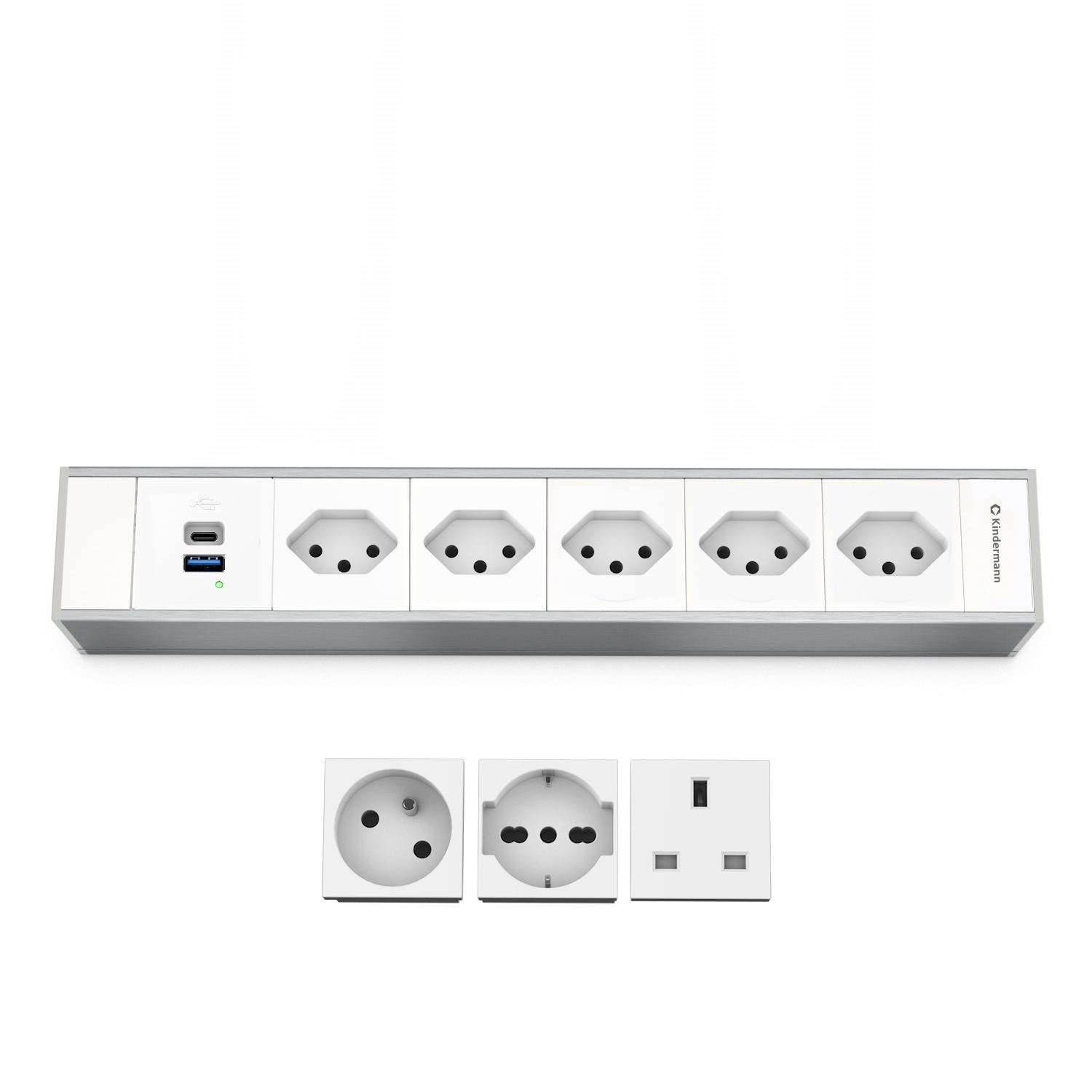 Kindermann Modulträger 6-fach 5xStrom INT - 1x USB-A / 1x USB-C - Tischanschlussfeld - Aluminium natur - eloxiert