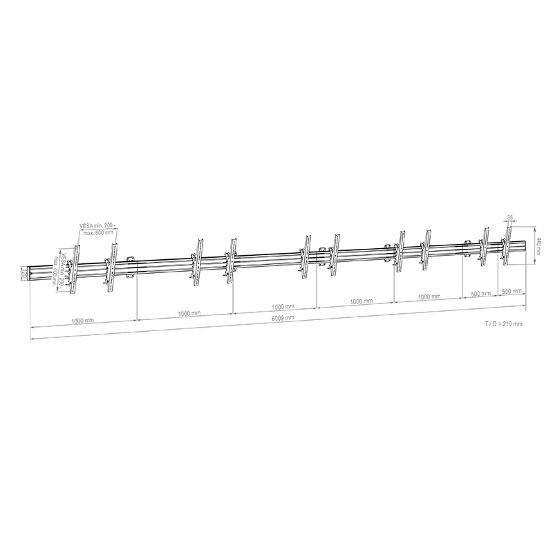 Hagor CPS MENUBOARD W5L - Wandhalterung - 5 x 46-65 Zoll - VESA 600x400mm - bis 250kg - Schwarz