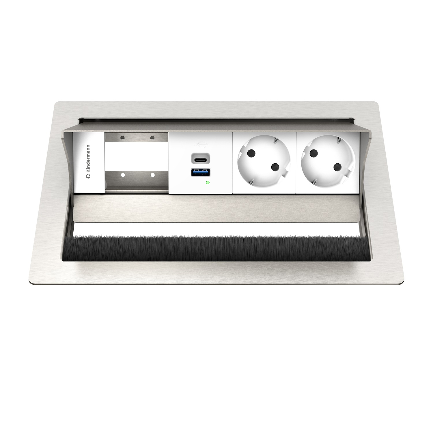 Kindermann Cableport Standard² 4-way 2x power - 1x USB-A / 1x USB-C - desktop housing - stainless steel