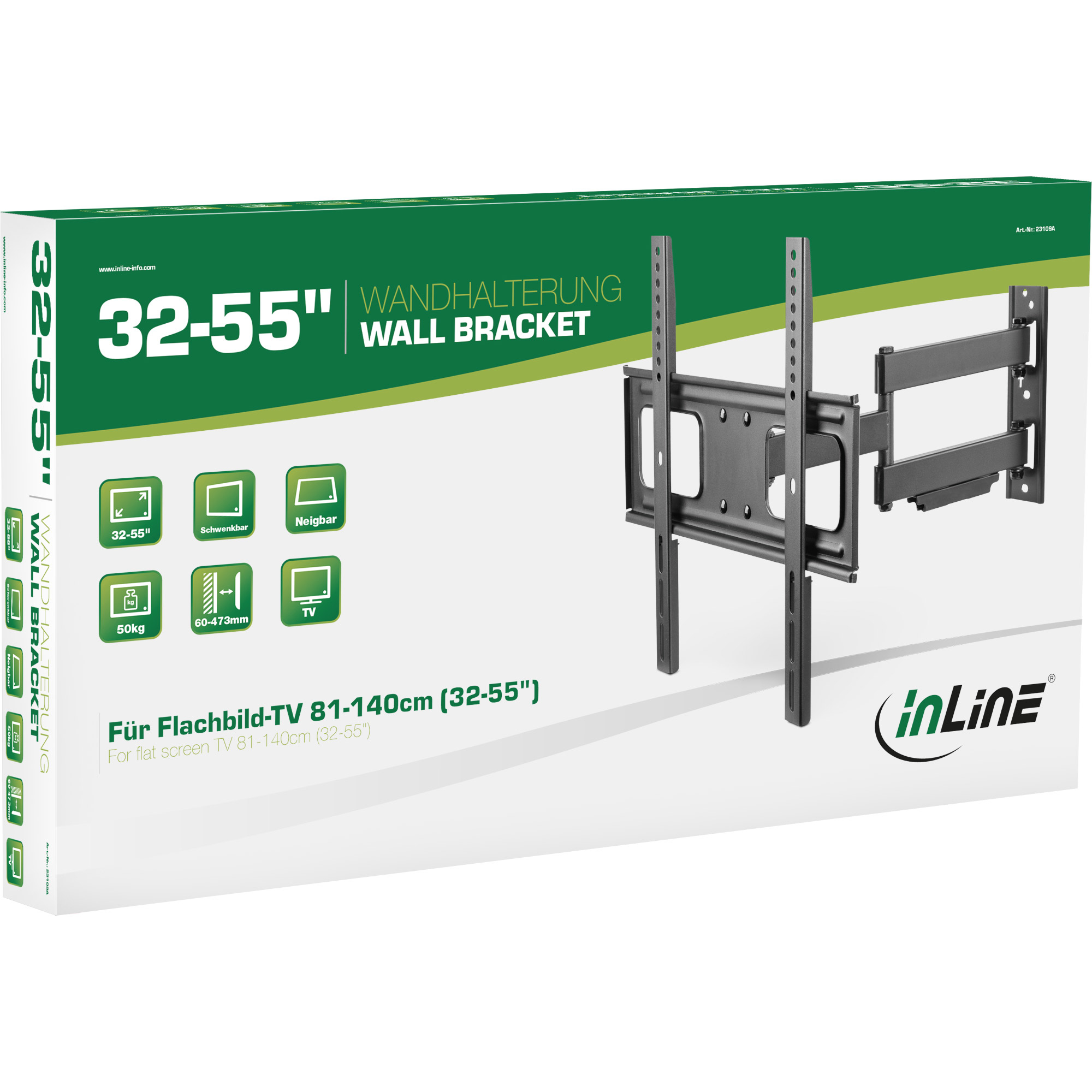 InLine Wandhalterung 23109A - schwenk- und neigbar - 32-55 Zoll - VESA 400X400MM - bis 50kg  - Schwarz