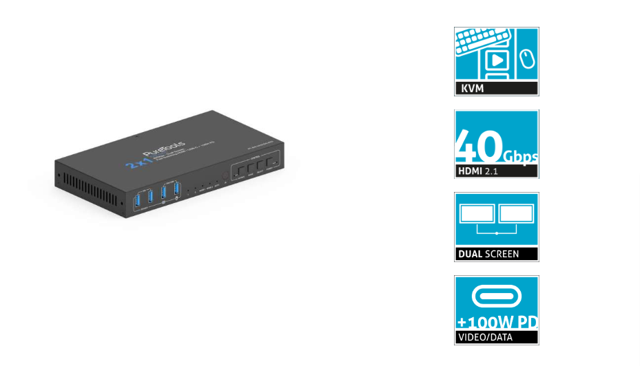 PureTools PT-SW-UH21DS-40G HDMI KVM - USB-C / HDMI 2x1 Switch mit 100 Watt PD - 40Gbps