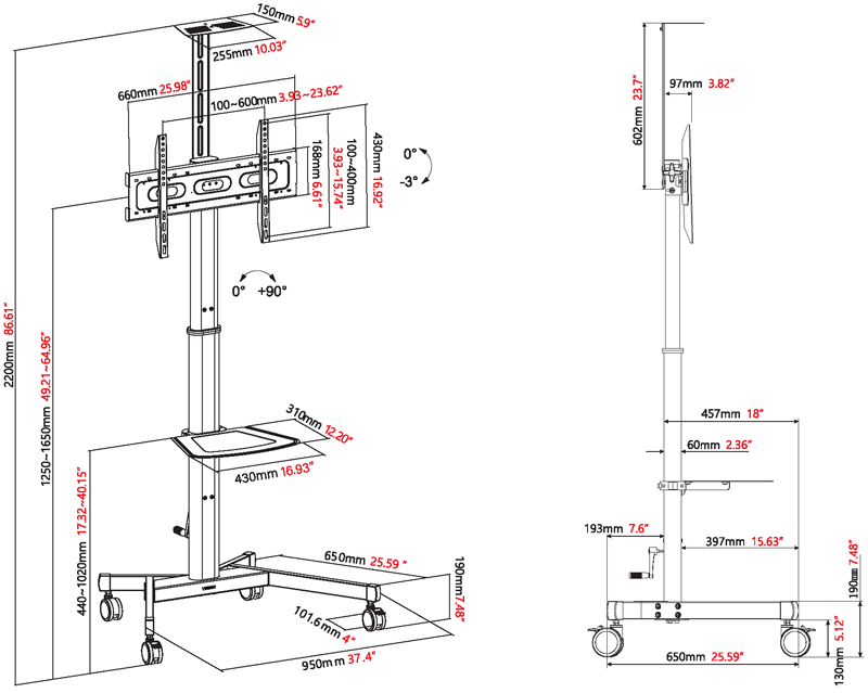 Vision VFM-F21 - höhenverstellbarer Rollwagen - Displayaufnahme drehbar - 31-80 Zoll - VESA 600x400mm - bis 50kg - Schwarz