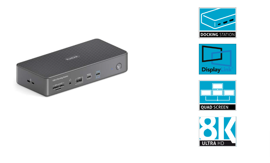 Purelink Vuelogic VL-D230DL - 18-in-1 USB-C DisplayLink Docking Station - 1x HDMI 2.1 8K30, 2 x HDMI 2.1 8K30, 1x DP 1.4 8K30, 2 x DP 1.2 4K60, USB 3.2 Gen2 100W PD 10Gbps, 7x USB, 1x Ethernet