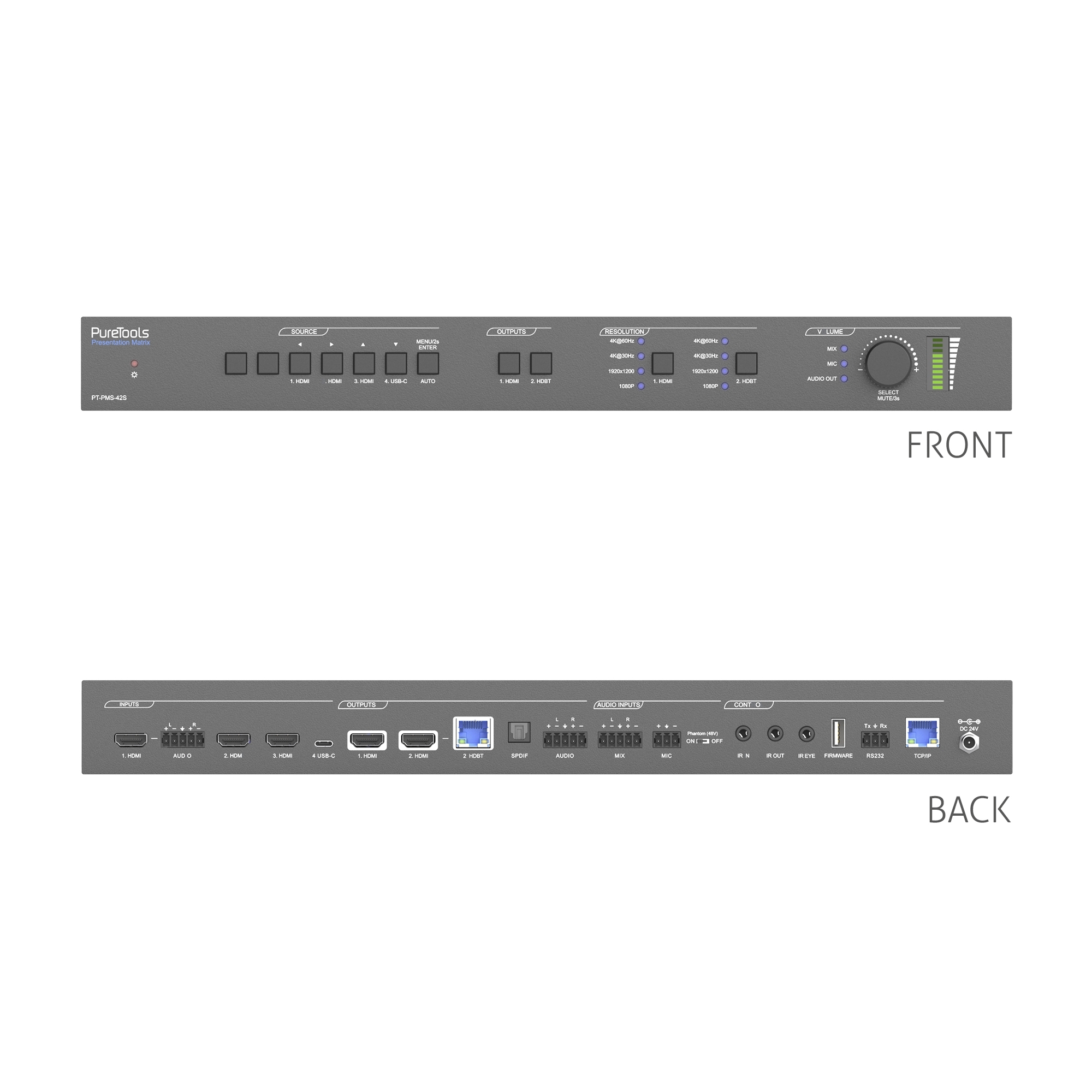 PureTools PT-PMS-42S - Seamless Matrix 4x2 Switcher Set - 4K, HDMI und HDBaseT und HDMI Loop Ausgang, Audio De-Embedding Embedding, Relay Kontrolle und GUI