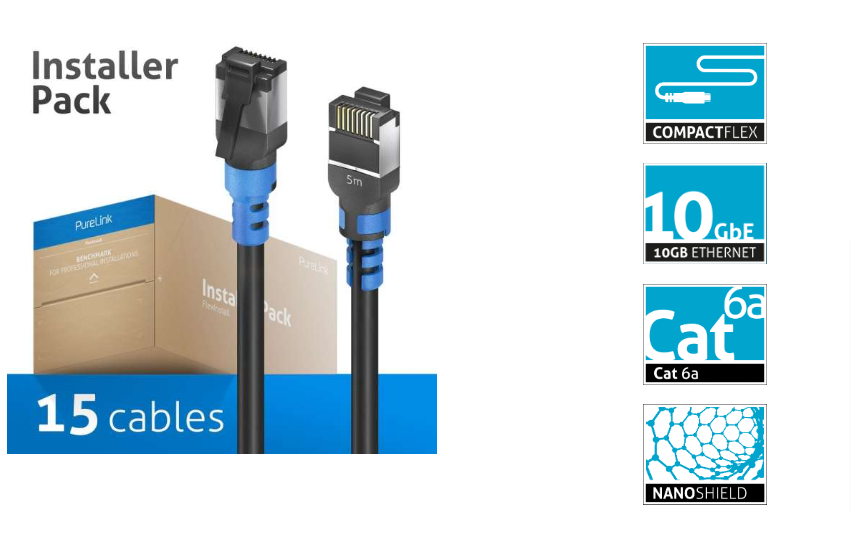 PureLink FI-PC110-050-PCK - Cat.6a Patchkabel - RJ45 - S/FTP - Schwarz - 5,0m Kabellänge - Installer Pack - 15 Stück