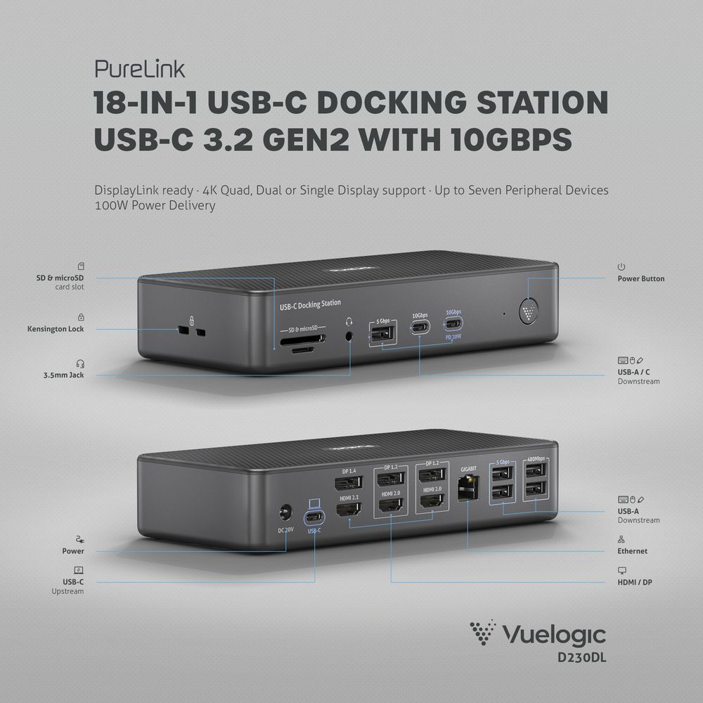 Purelink Vuelogic VL-D230DL - 18-in-1 USB-C DisplayLink Docking Station - 1x HDMI 2.1 8K30, 2 x HDMI 2.1 8K30, 1x DP 1.4 8K30, 2 x DP 1.2 4K60, USB 3.2 Gen2 100W PD 10Gbps, 7x USB, 1x Ethernet