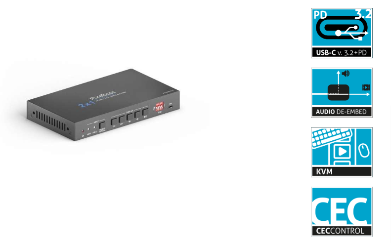 PureTools PT-PSW-21C - 2x1 Switcher - USB-C und HDMI Eingang und HDMI-Ausgang, 4K (60Hz 4:4:4), USB-C Aufladung bis zu 40W mit 2 Ports USB Hub und Aud