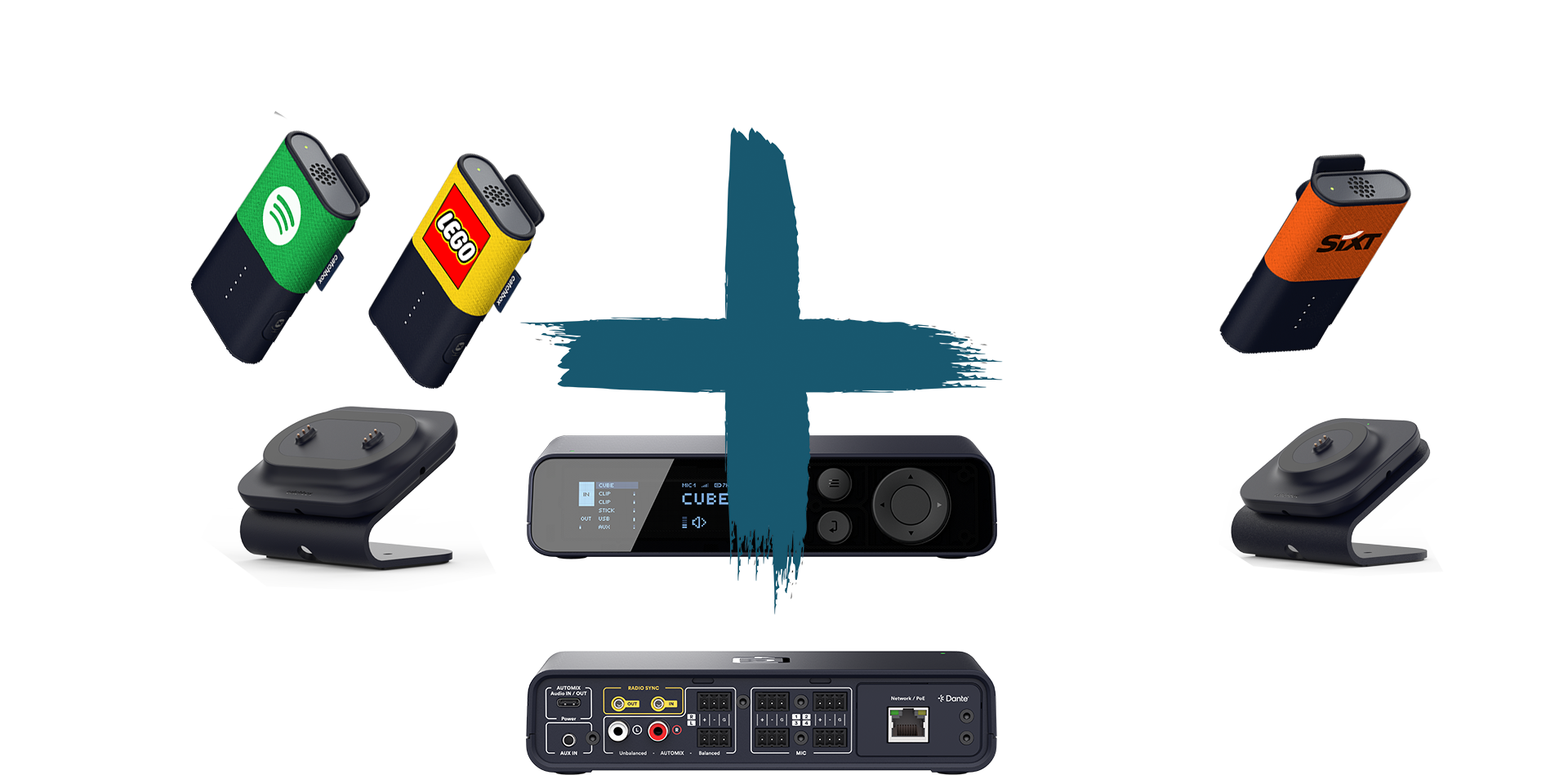 Catchbox Plus - System - 4 Channel - Networking + Dante - 3 x Clip (Ansteckmikro) - 1 x drahtlose Ladestation Clip - 1 x drahtlose Dual-Ladestation Clip - Customized - Version 2024