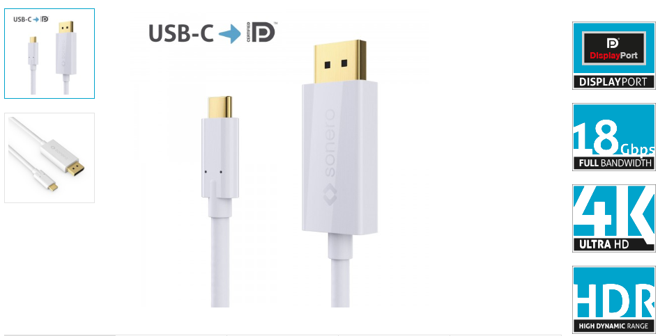 sonero USB-C auf DisplayPort Kabel - DP Mode - 4K60 - weiss - 1,0m X-UCC021-010