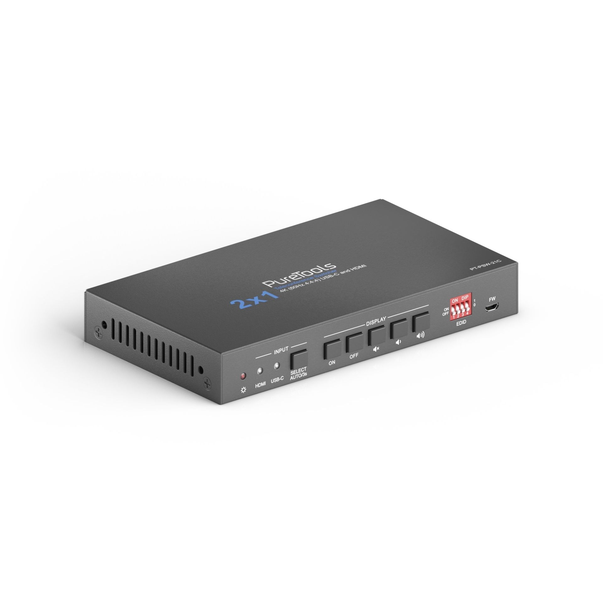 PureTools PT-PSW-21C - 2x1 Switcher - USB-C und HDMI Eingang und HDMI-Ausgang, 4K (60Hz 4:4:4), USB-C Aufladung bis zu 40W mit 2 Ports USB Hub und Aud