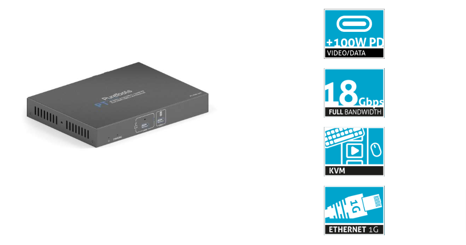 PureTools PT-Hub100 Dockingstation - ProAV - USB-C Alt-Mode - 4K 60Hz 4:4:4 - 18Gbps - Schwarz PT-HUB-100